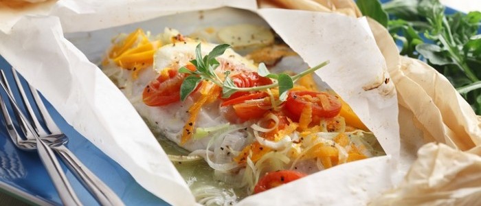 Baked Fish with Squashed Tomato Parcels 700x466